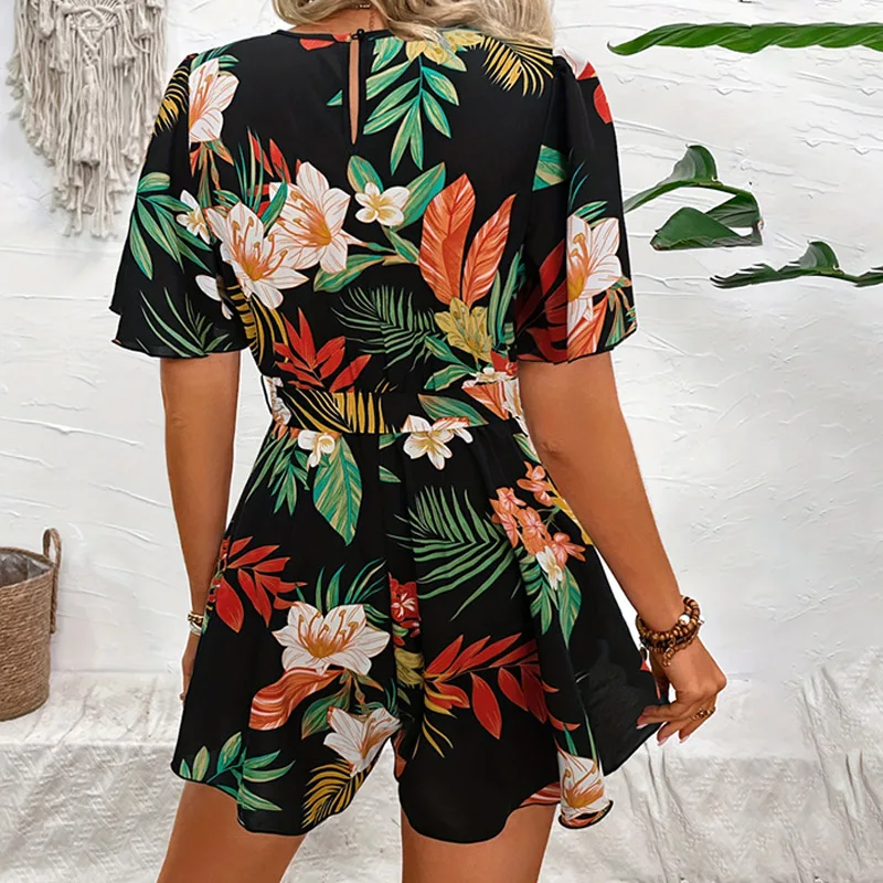 Bohemian Floral Print Short Pants Like Dress Holiday One Pieces  Cover Up Women Summer Fashion Beach Wear Casual Outfits 2024