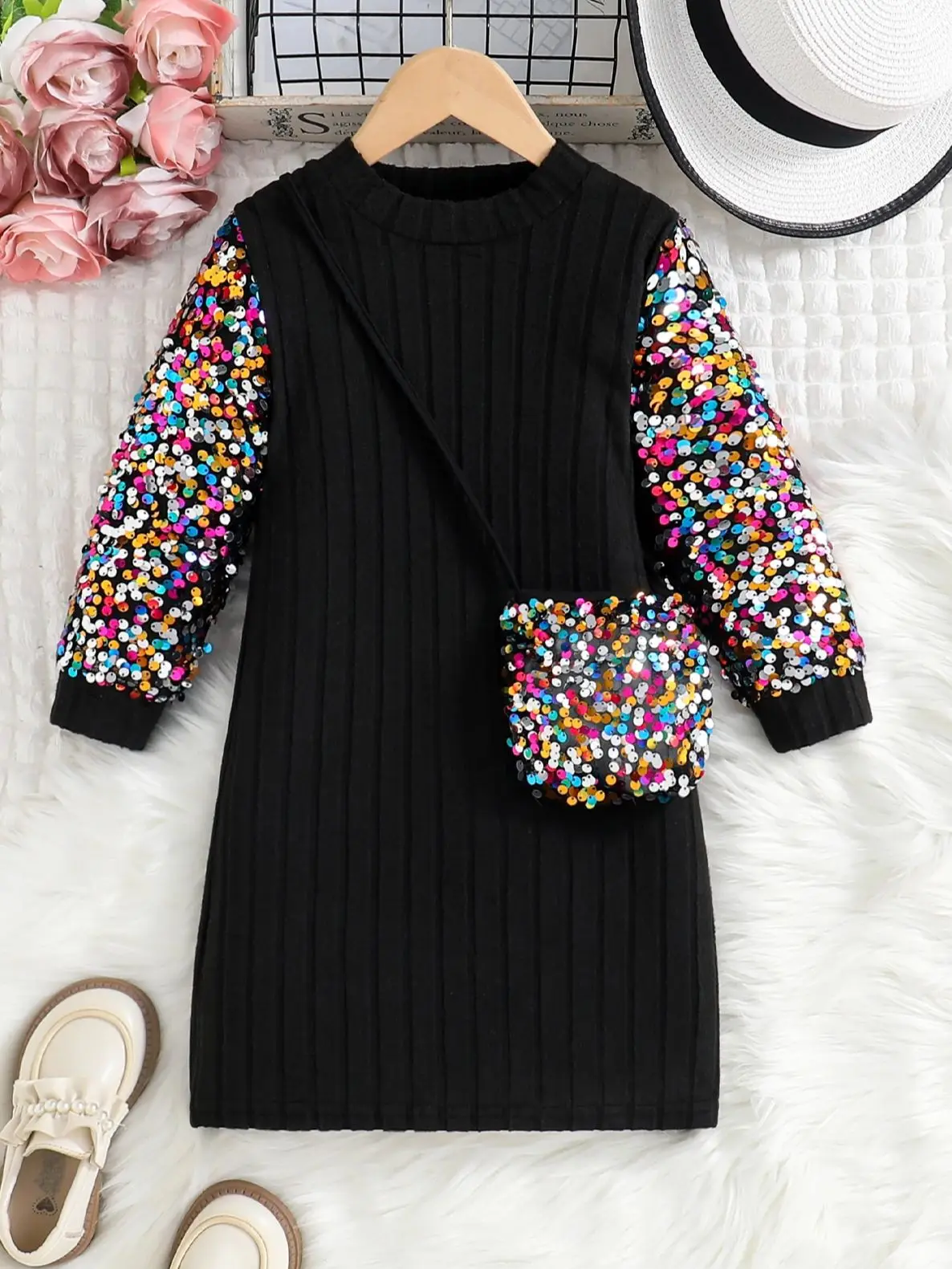 Autumn Winter Girl Outdoor Casual Girls Party Dress Fashion Round Neck Solid Pit Strip Sequin Long Sleeve Dress+Sequin Crossbody Bag