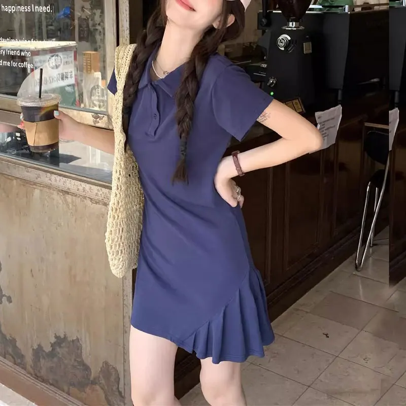 

Fashion Polo-Neck Button Slim Mini Dress Summer Solid Color Female Clothing Korean Asymmetrical Mermaid Spliced Casual Dresses