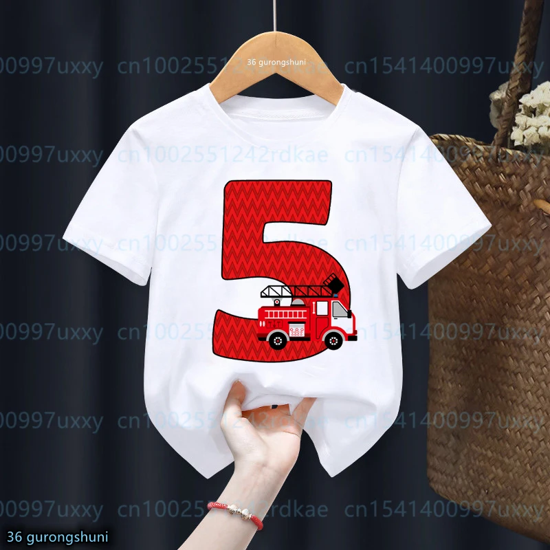 2023 Hot Sale T-Shirt For Boys Funny Basic Fire Truck Birthday Number1-9 th Birthday Party Clothes For Children Kids Tshirts top