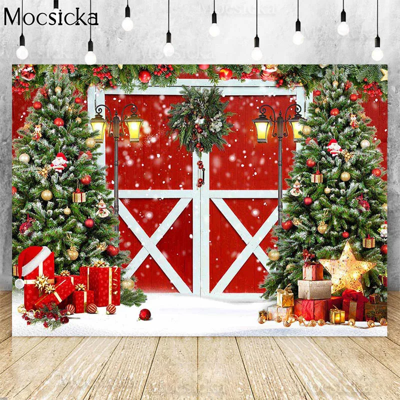 

Christmas Red Wooden Door Photography Backdrop Winter Snow Christmas Tree Gift Baby Kids Family Portrait Background Photo Studio