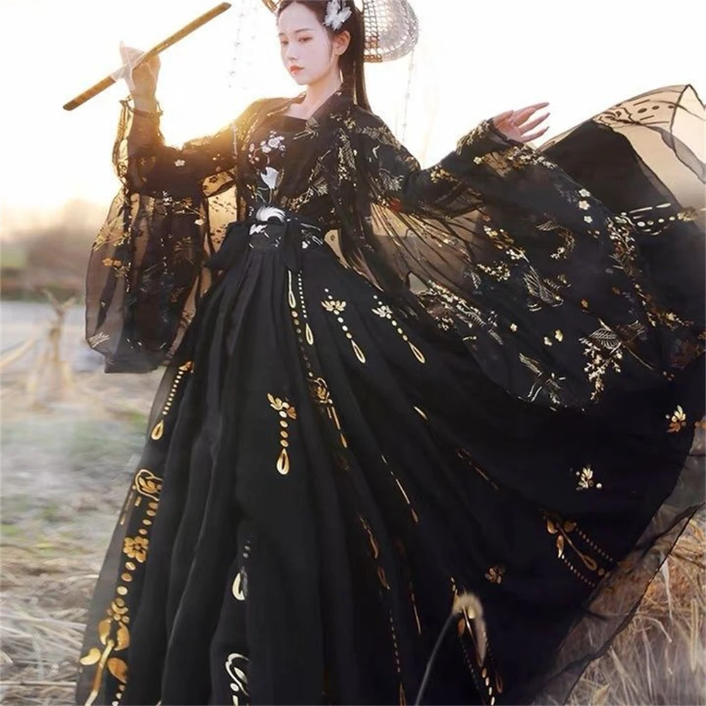 Vestido antigo bordado de guindaste preto feminino, hanfu chinês tradicional, fantasia de dança folclórica de palco, elegante