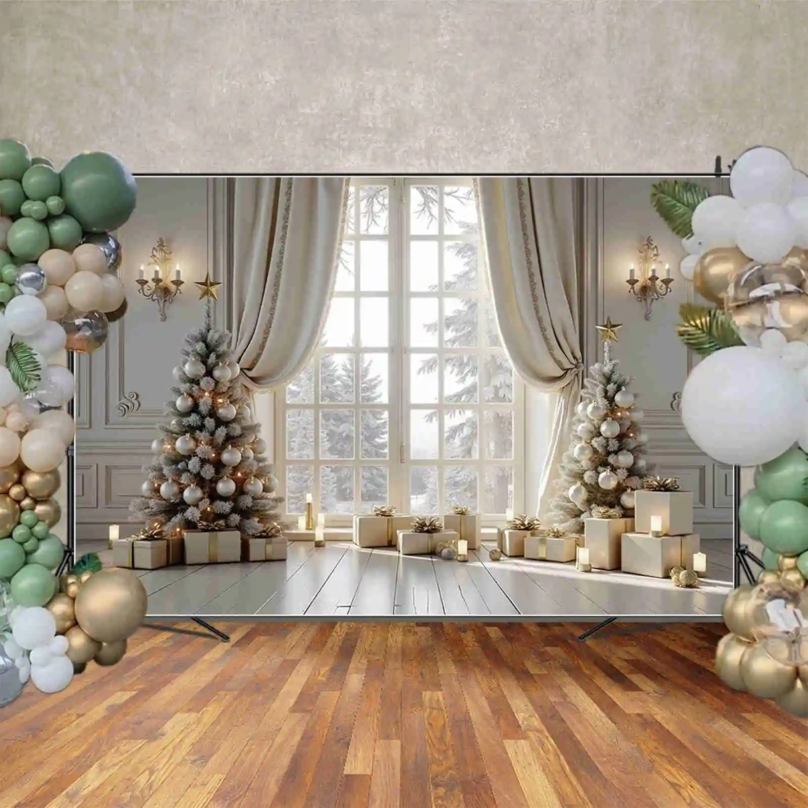 MOON.QG 2024 크리스마스 커튼 배경 사진 조명 장식 흰색 사진 배경 어린이 스튜디오 Photocall 액세서리
