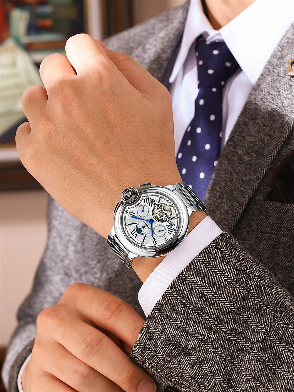 POEDAGAR ساعة رجالية فاخرة مجوفة توربيون أوتوماتيكية ميكانيكية للرجال مقاومة للماء للتاريخ والأسبوع ساعات رجالية من الفولاذ المقاوم للصدأ