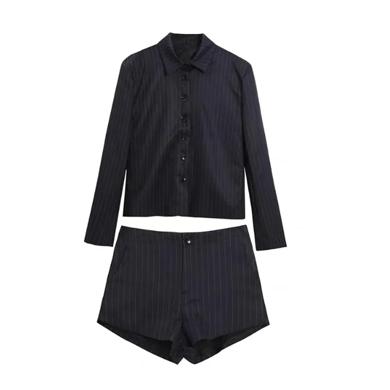 Long-sleeved shorts suit female summer and autumn pure desire hot girl wind girl Tibetan blue striped shirt slim two-piece suit