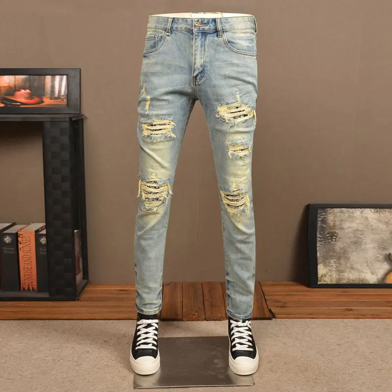 

High Street Fashion Men Jeans Retro Washed Blue Stretch Skinny Fit Ripped Jeans Men Paisley Patched Designer Hip Hop Denim Pants