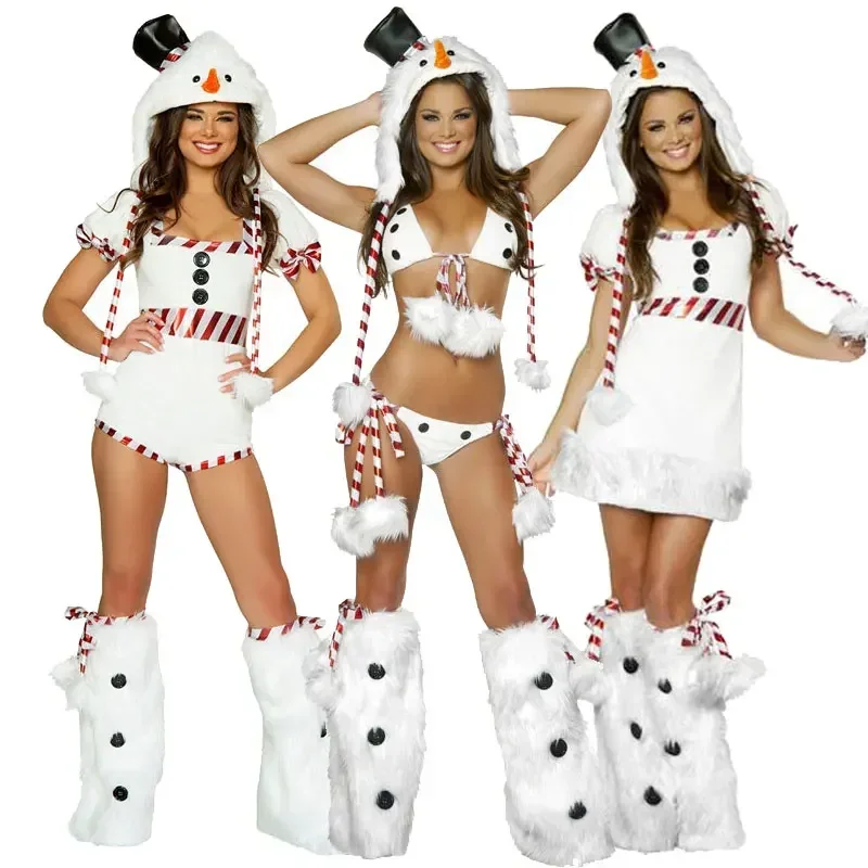 Sexy Snow White Penguin Outfit Full Set Cosplay Costume Christmas Miss Snowman Fancy Dress Xmas Party Santa Claus Set