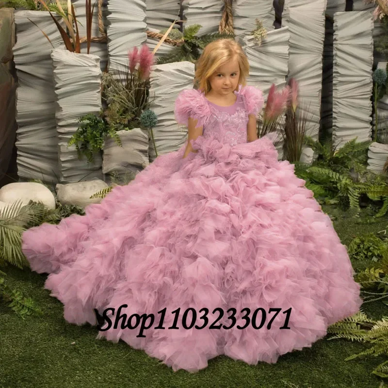 

Custom Made Gorgeous Flower Girl Dress Lace Puff Sleeve Cute Child Kids Princess Birthday Festival Party First Communion Dress