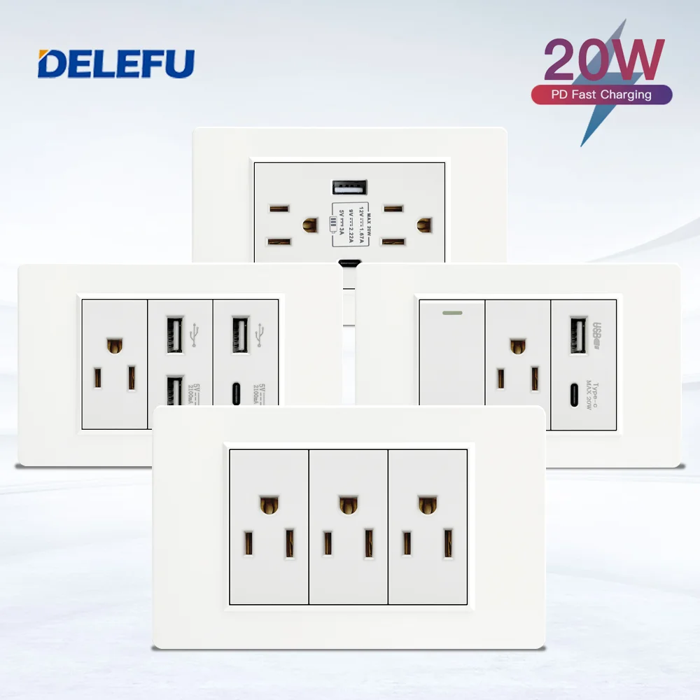 

DELEFU Белая огнестойкая панель из 118 мм ПК, мексиканский стандартный американский настенный выключатель C-типа, быстрая зарядка телефона CAT5, CAT6