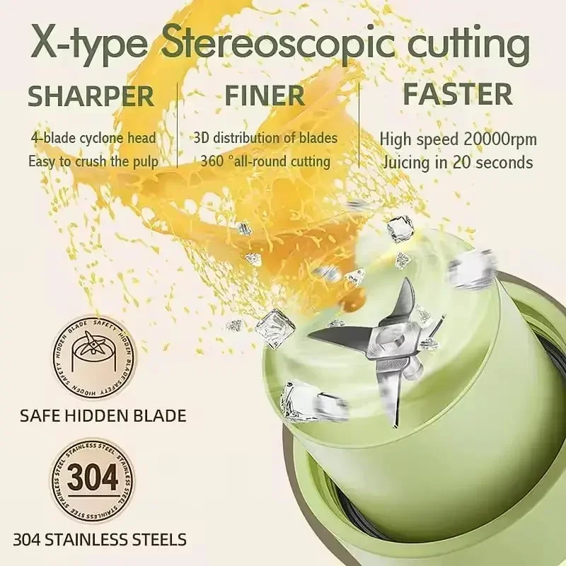 ポータブル充電式ジューサー,電気ミニジュース抽出器,4ブレードナイフ,ジュースマシン,600ml