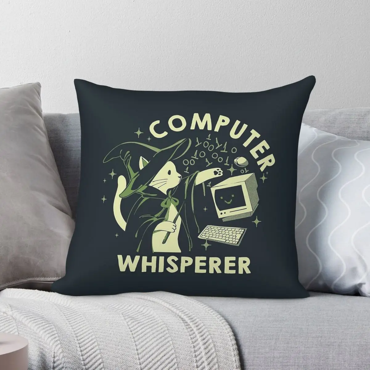 Computer Whisperer Funny Cat Square Pillowcase Polyester Linen Velvet Pattern Decorative Throw Pillow Room Cushion Cover 45x45