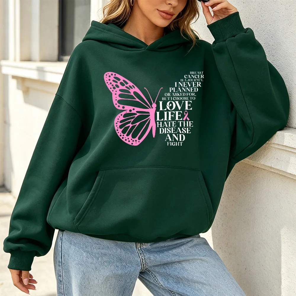Breast Cancer Awareness Pink Ribbon Butterfly Hoodie Long Sleeve Sweatshirt Fighter Support Pullover Cozy Fashion Casual Styles