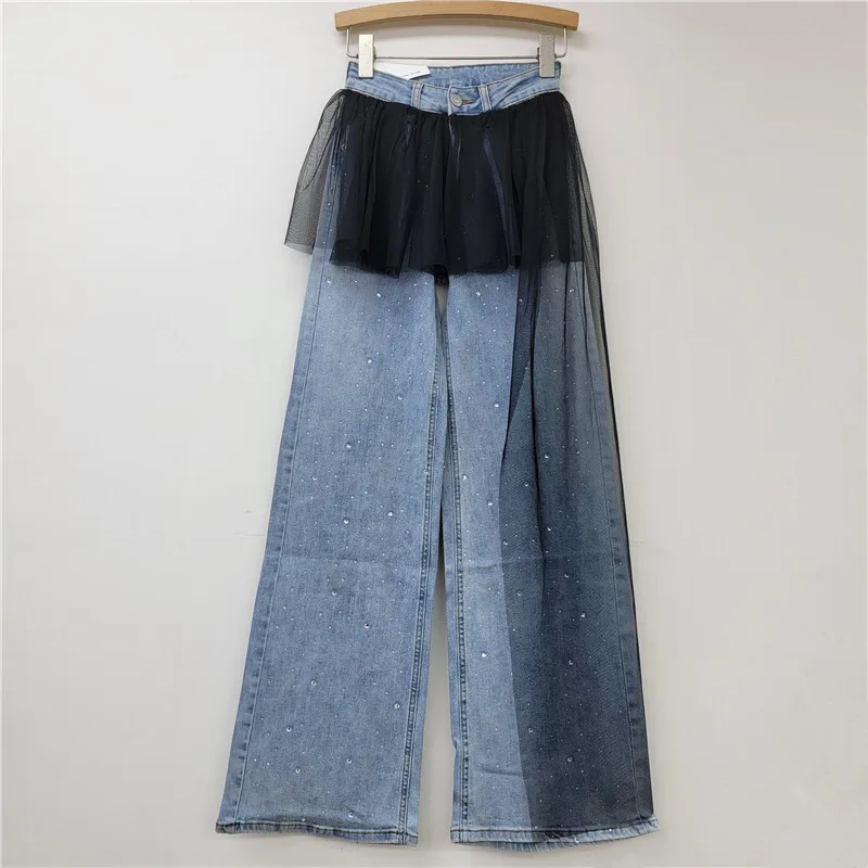 [zoci] Design Sense Splicing Irregular Mesh Decoration Heavy Industry Denim Hot Drilling Two Loose Straight Leg Jeans Women