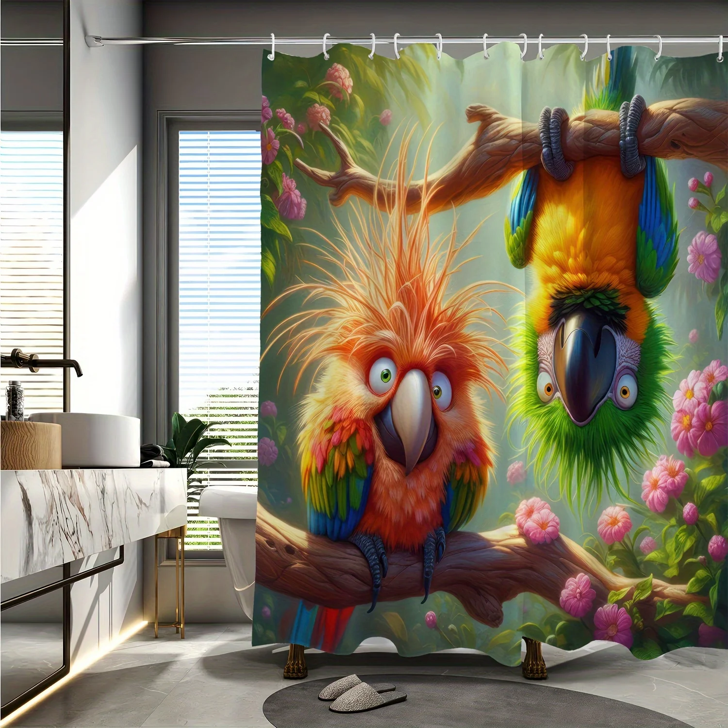 Forest Two Parrots Pattern Digital Print Shower Curtain, Bathroom Decoration Home Decor, Free Hook, Machine Washable