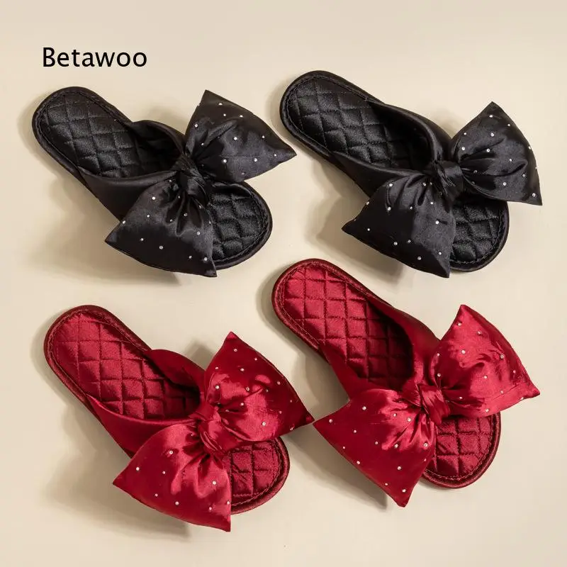 Women Sweet Bowknot Romantic Slippers Bridal Flat Slide Sandals Silk Satin Comfortable Summer Indoor Shoes