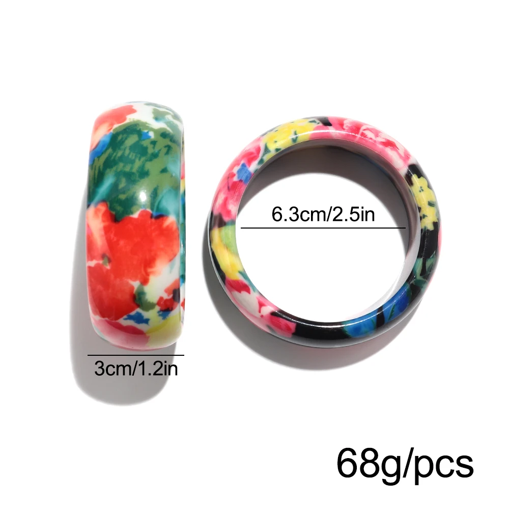 Boho Resin Colorful Flowers Pattern Chunky Bangle Bracelets Wide Geometric Round Cuff Bangles Fashion Jewelry Gifts