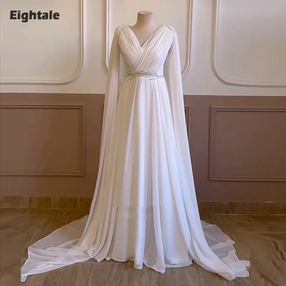 

Eightale Vintage Wedding Dress Customized V-Neck Pleats Beaded Cap Sleeves Chiffon Bridal Gown Robe De Mariée