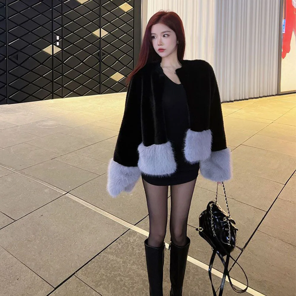 

Retro Furry Warm Fur Jackets For Women Korean Style Patchwork Elegant Outerwear Ladies Slim Long Sleeve Short Faux Mink Fur Coat