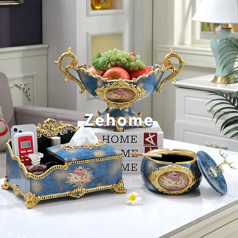European high-end fruit plate three-piece set household tissue box living room light luxury coffee table ornament creative
