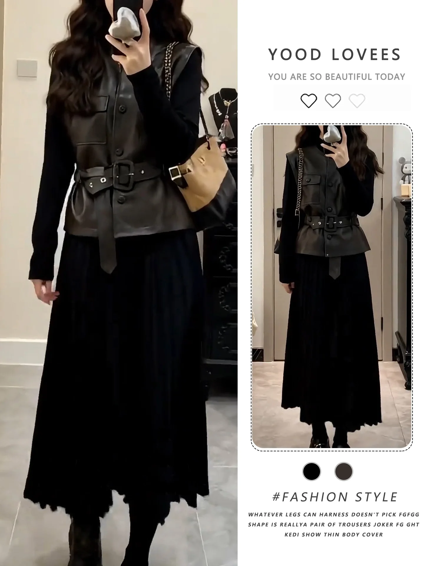 

Fashionable PU Leather Vest And Dress Two-Piece Set High Collar Elegant Autumn Winter Outfit Women's Commute Style Thickened