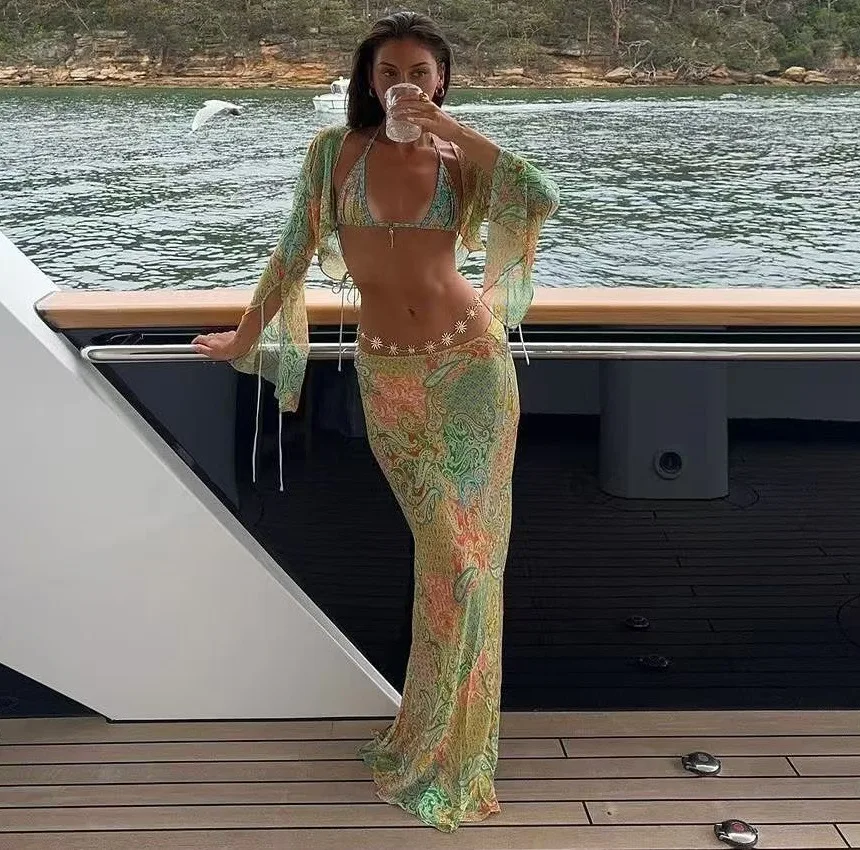 

New Arrival 2025 Ladies Sexy Bikini Beach Set Hanging Neck Print Tie-Divided Swimsuit Trendy Summer Women holiday Swimwear