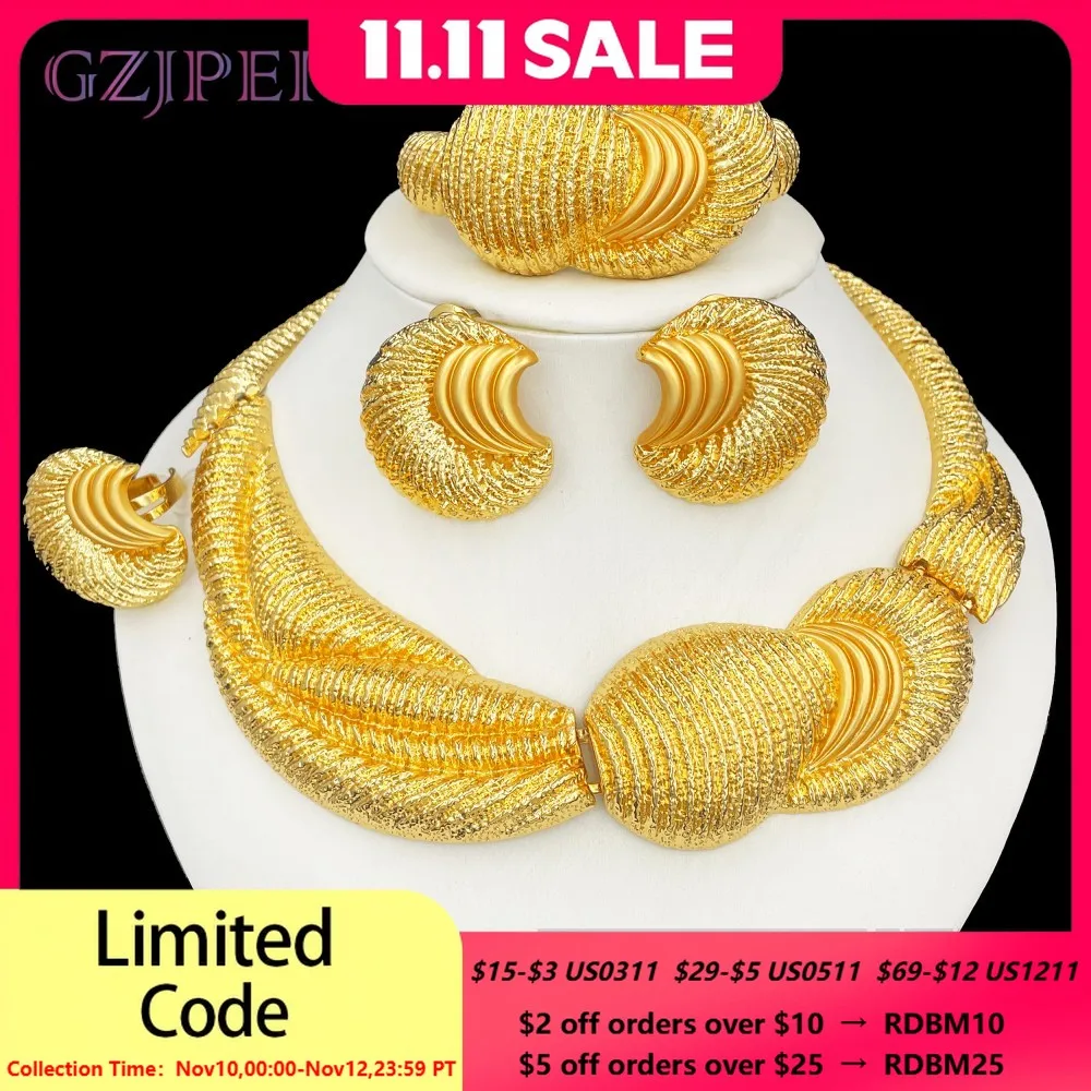 

GZJPEI большой комплект ювелирных изделий в африканском стиле, большое ожерелье, браслет, серьги в форме полумесяца, кольцо, Дубай, Нигерия, свадебные подарки