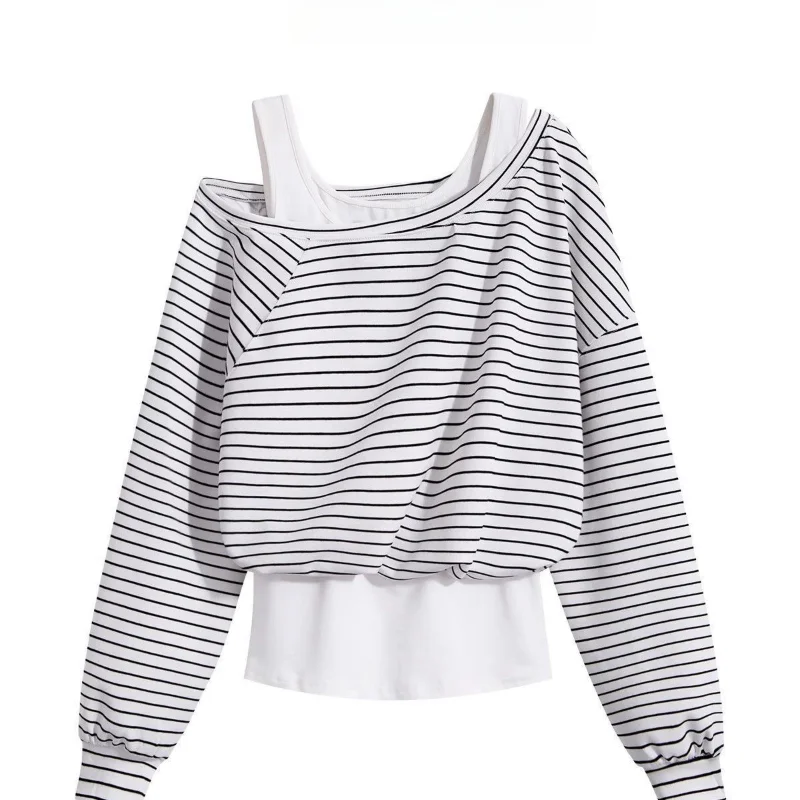 

Женская толстовка из двух частей в полоску Design Sense весной и осенью, новая свободная куртка с длинными рукавами для ленивых