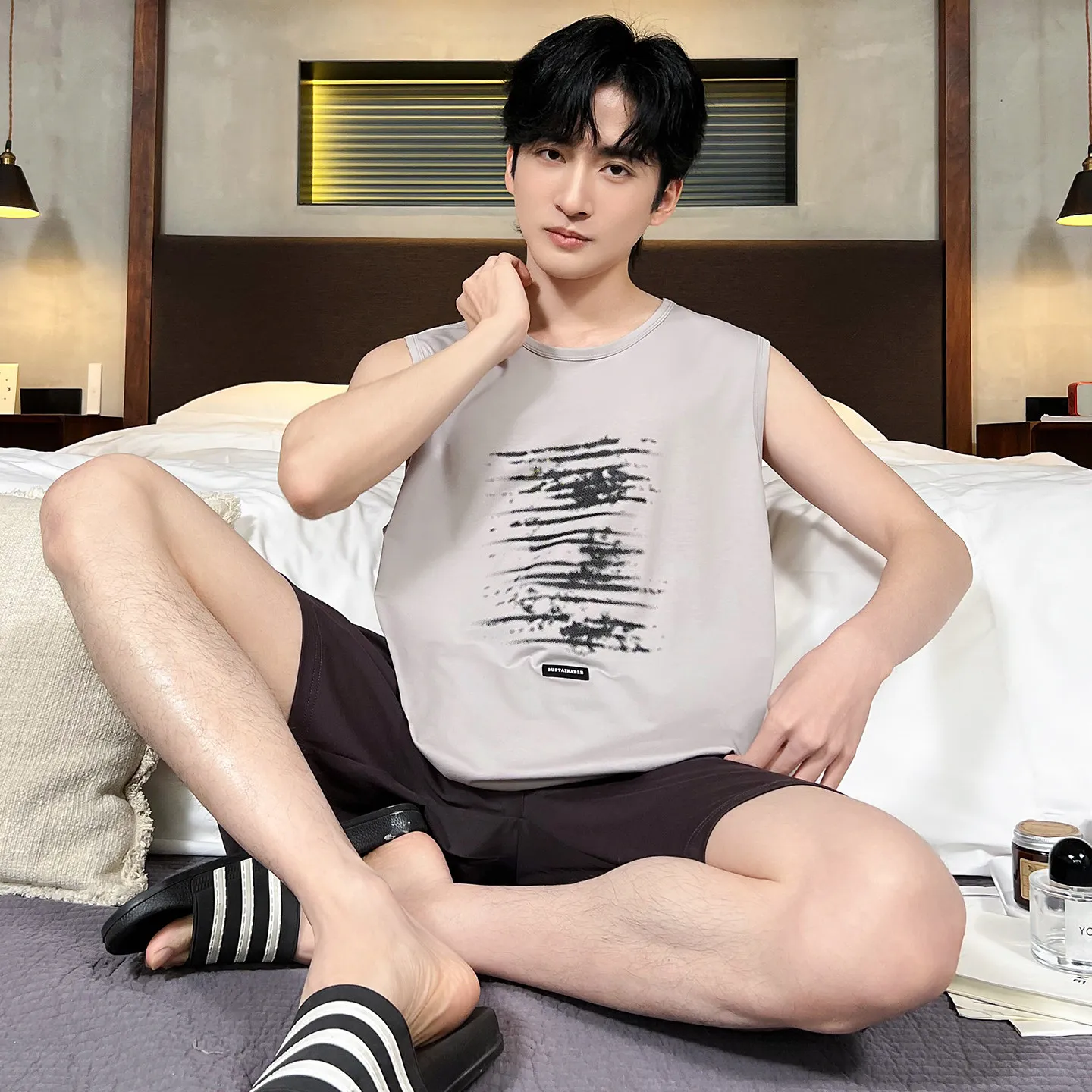 

Summer Modal Sleepwear Set for Men Sleeveless Sleeping Top Shorts Lightweight Cool Touch Comfortable Loose Home Loungewear