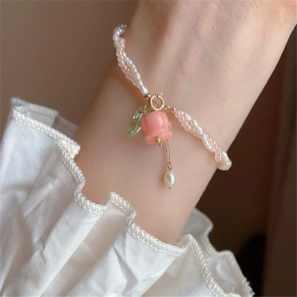 New Hand made string of lily of the valley Rice Bead Bracelet Female Temperament Tulip Pearl Pendant Bracelet Woman Jewelry Gift