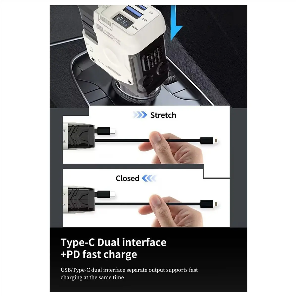 

Универсальный выдвижной автомобильный зарядный кабель 4-в-1 USB Type-C для iPhone, Huawei, Samsung, с подключением к прикуривателю