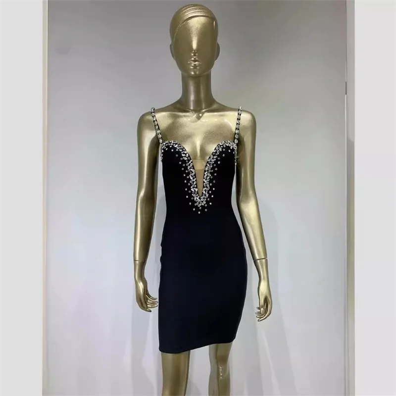 Pailletten Strass Frauen Verband Kleid rücken frei Deep-V-Ausschnitt Party kleid einzigartige schwarze ärmellose Abendkleid neues Design auf Lager