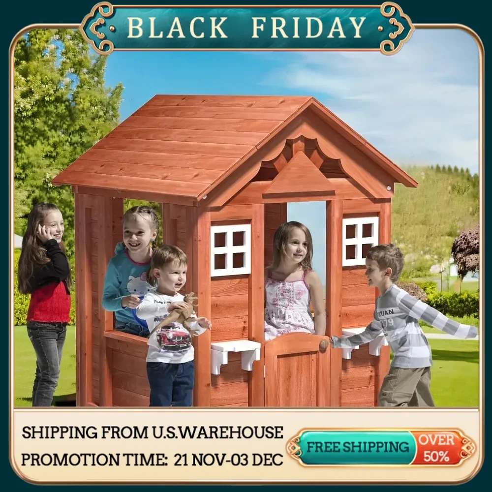 Wooden Playhouse for Garden, Outdoor Cottage Playhouse with Door, 2 Windows, 3 Serving Station, Shelf & Flowerpot Holder