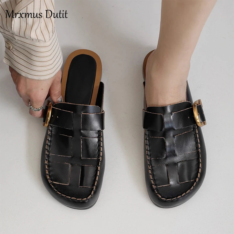 2023 Summer New Fashion Women New Genuine Leather Weave Flat Slippers Sandals Versatile Casual Burkane Shoe Female Chic