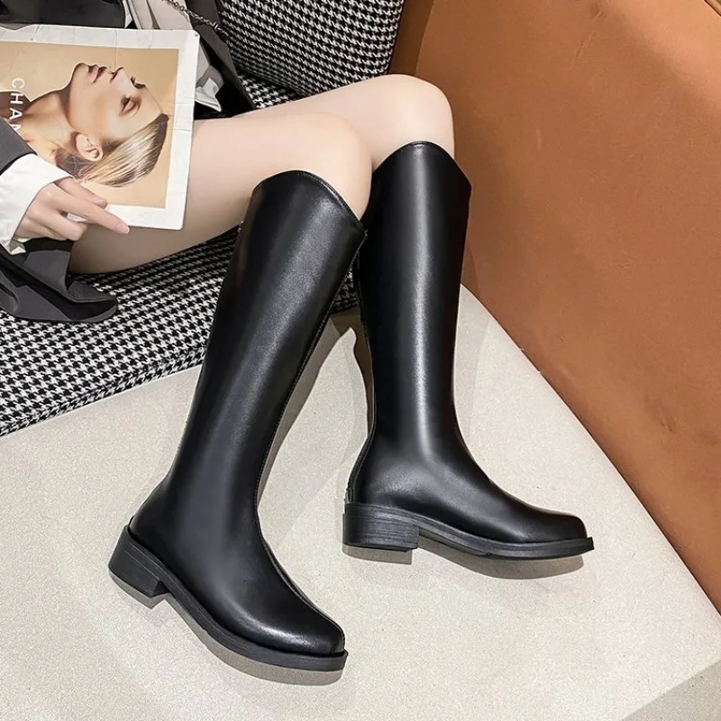 

Women Knee High Boots Elegant Pointed Toe Low Block Heel Smooth Upper Side Zipper Autumn Winter Office Commute Fashionable Shoes