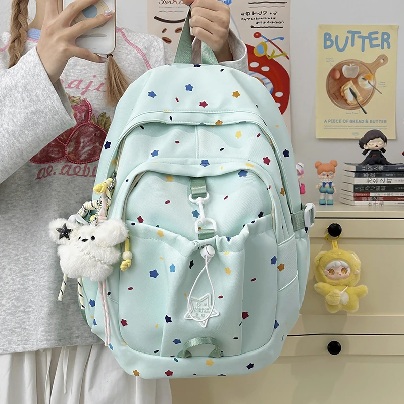 Cute Colorful Star Print Backpack Plush Charm Lightweight Nylon School Bag for Teen Girls Daily 2025 Casual Travel Backpack