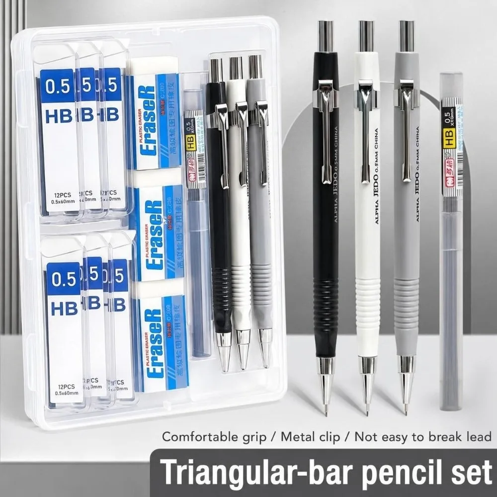 Triangular Grip Mechanical Pencil Set 0.5/0.7mm HB Automatic Pencils with Lead Refills & Erasers Propelling Pencil Kit