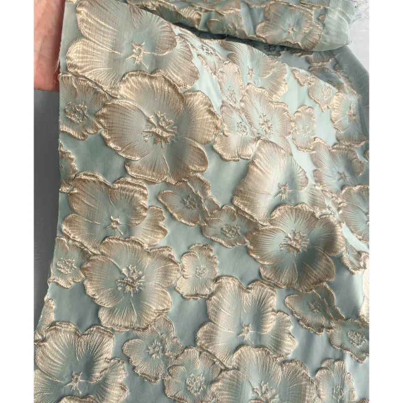 Plum Blossom Gray Blue Gold Wire Jacquard Three-dimensional Petal Relief Embroidery Texture Cheongsam Skirt Designer Fabric