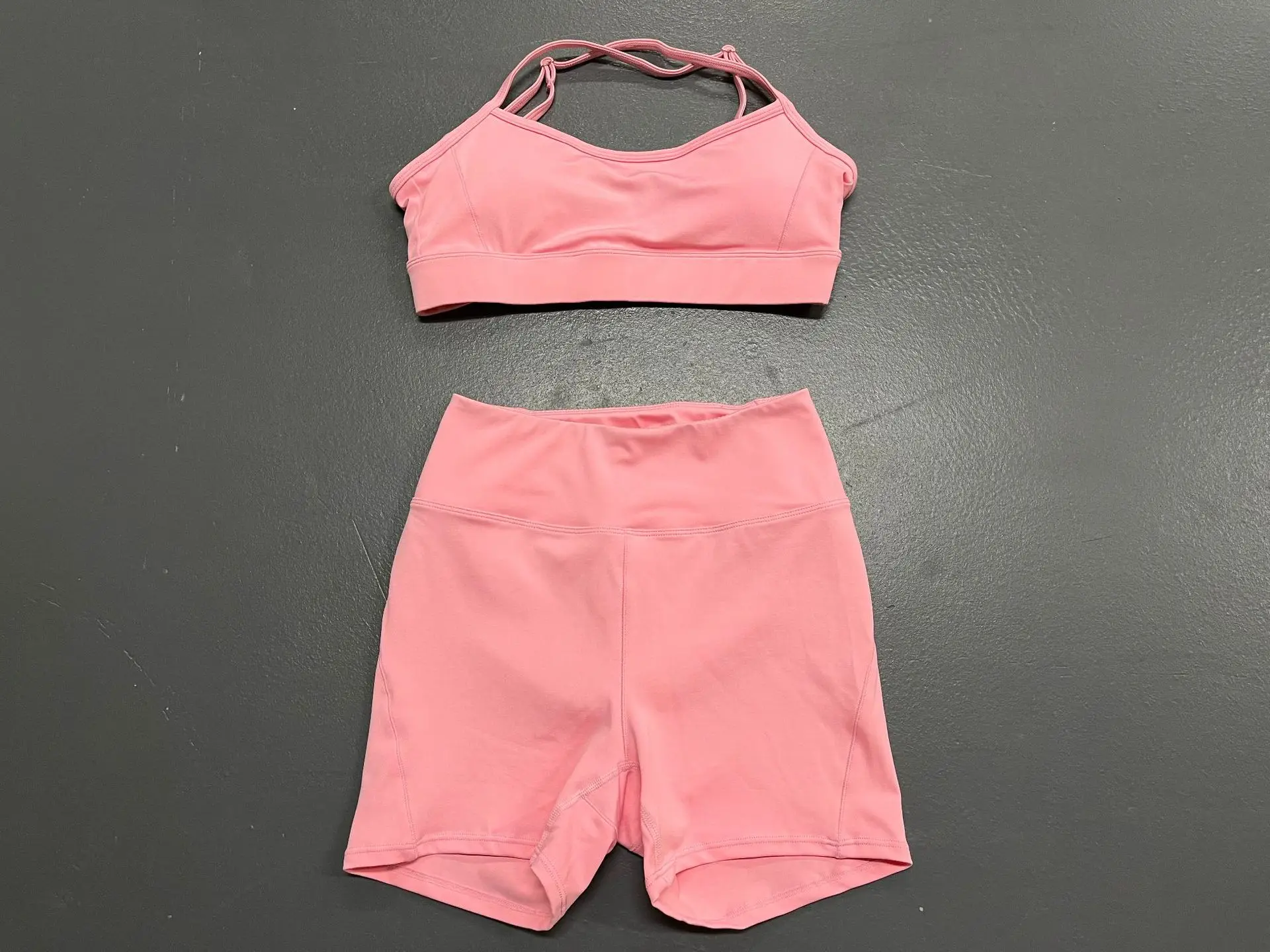 Women Yoga Set Two-piece Top Tight Pants Summer Adjustable Bra Shorts Fitness Sports Set pink