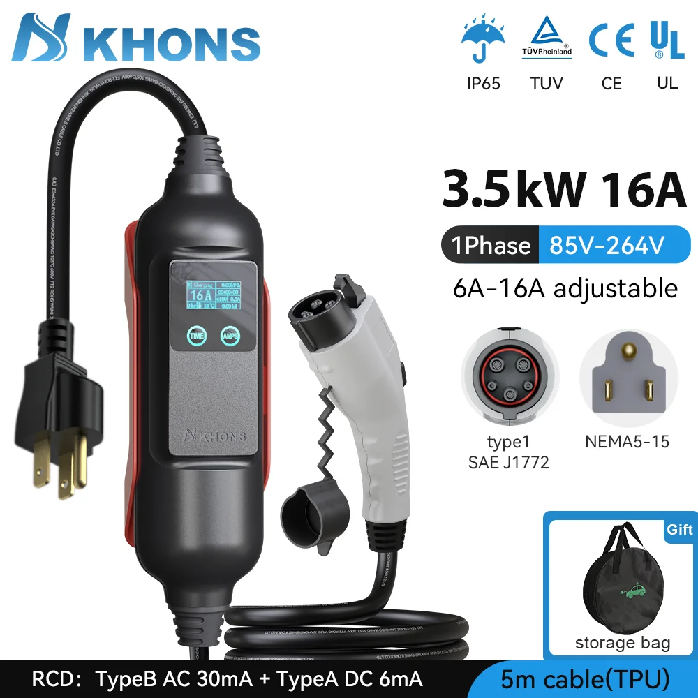 Pengisi daya portabel Khons EV tipe 1 3.5KW 16A J1772 EV dengan colokan Schuko cocok untuk kendaraan listrik 5m kabel TPU