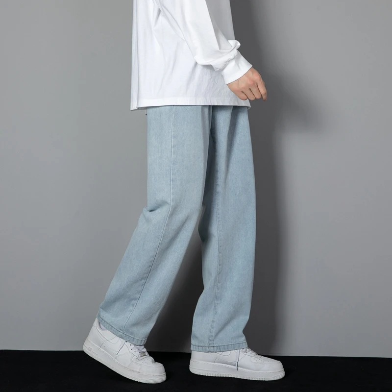 2026 New Korean Men's Casual Long Jeans Classic Man Straight Denim Wide-leg Pants Solid Color Light Blue Grey Black, image 2
