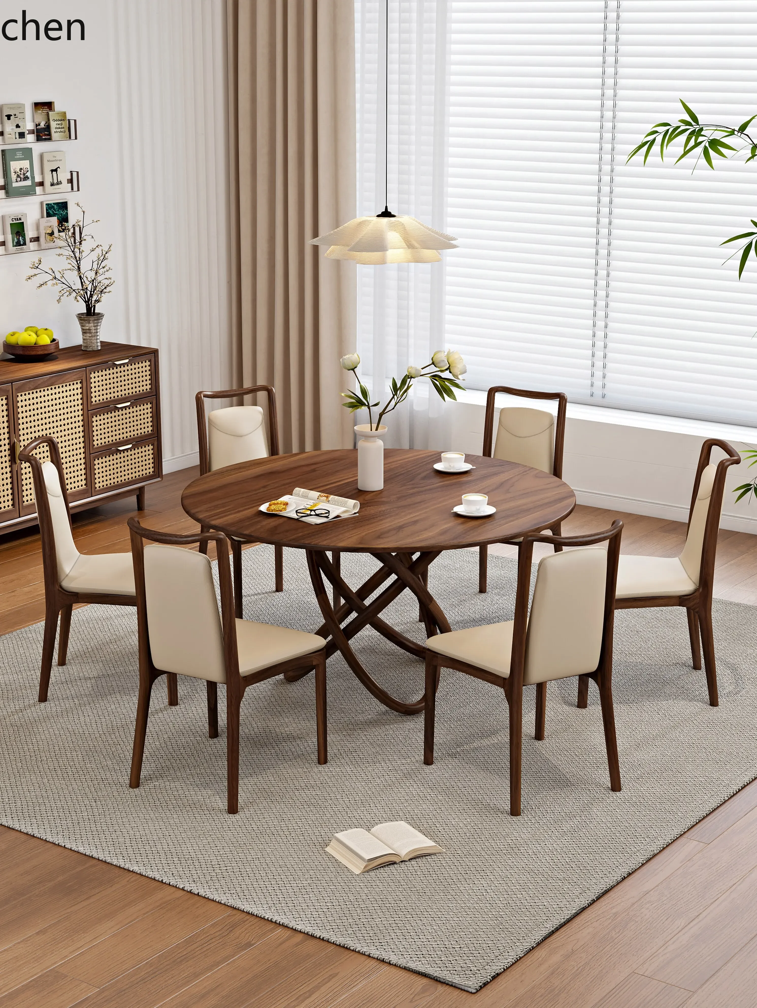 W5.19 Solid Wood Household Glass Dining Table and Chair Set with Rotating Dining Table