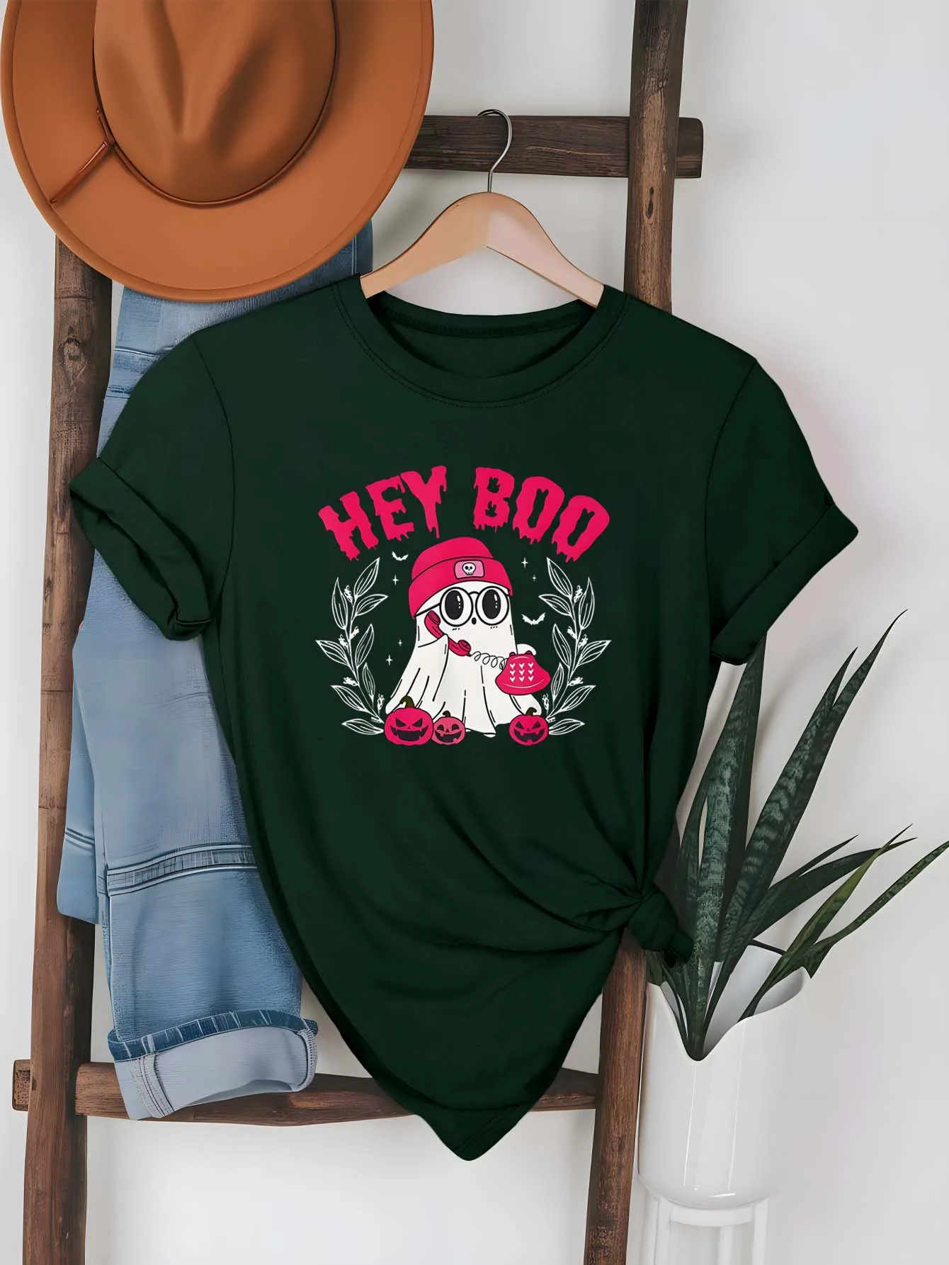 Plus Size Cute Ghost Graphic Apparel Featuring Hey Boo Slogan And Festive Elements