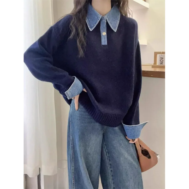 

2025 Winter New Temperament Polo Collar Denim Splicing Knitted Fake Two-piece Sweater