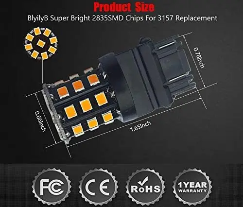 Żarówki LED 3157 3156 3057 4157 3056 Bursztynowe Żółte 12-24V Super Jasne 850 Lumenów Zamiennik do Żarówek Światła Stop (Zestaw 4 szt.)