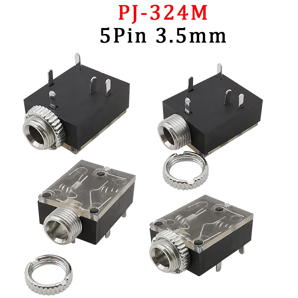 5Pin 3.5mm Jack PJ-324M Stereo Audio Headphone Socket PCB Nut Panel Mount Connector PJ324M 3.5MM Female Earphone Plug Adapter