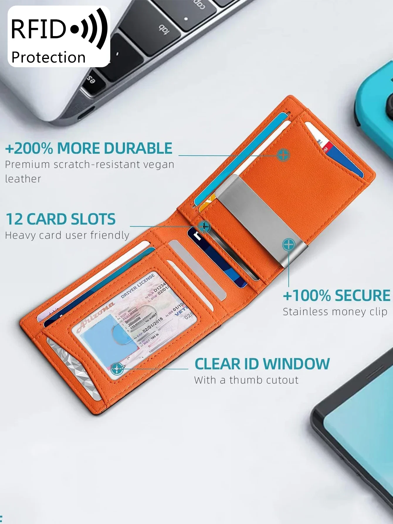 Minimalist men's wallet RFID anti-theft brush ultra-thin double fold 12 card wallet portable front pocket multifunctional wallet