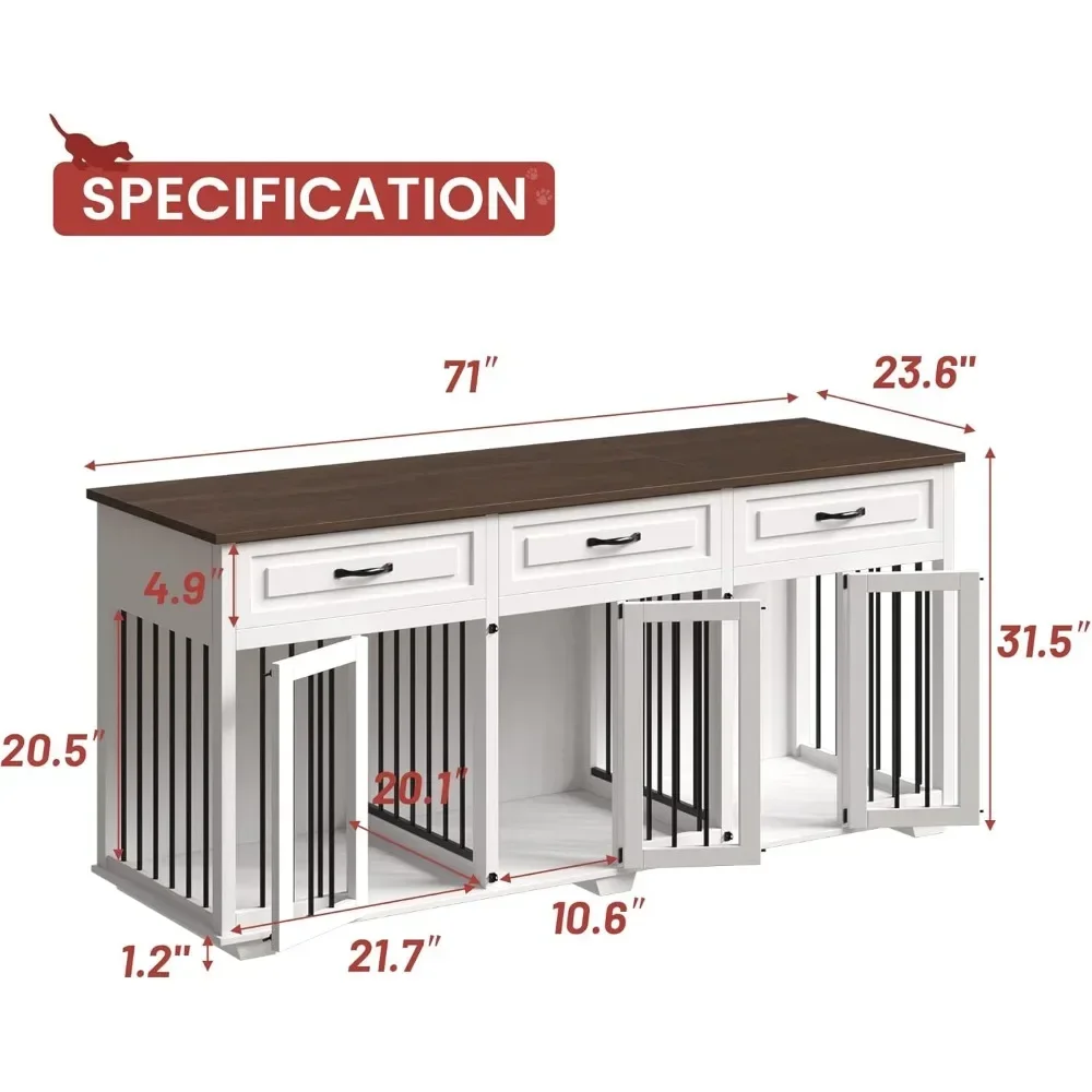 Dog Crate, 71 Inch Wooden Large Dogs Kennel with Drawers, 3 Rooms & Removable Dividers, Style Dog Crate House End Table