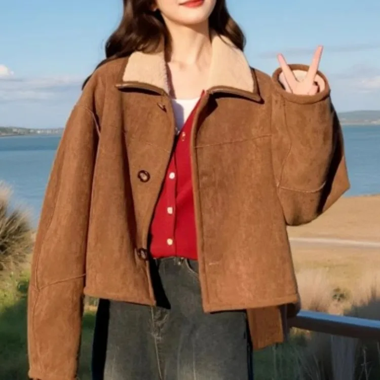 سترة نسائية من الجلد المدبوغ قابلة للارتداء على الوجهين، معطف شتوي سميك من فرو الحمل بأكمام طويلة وتصميم فضفاض مع إغلاق بالأز... #4