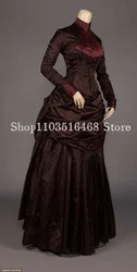 Historic Victorian Evening Party Dress High Neck Red Brown Taffeta Long Sleeve Pleated Corset Museum Gown Robes De Soirée