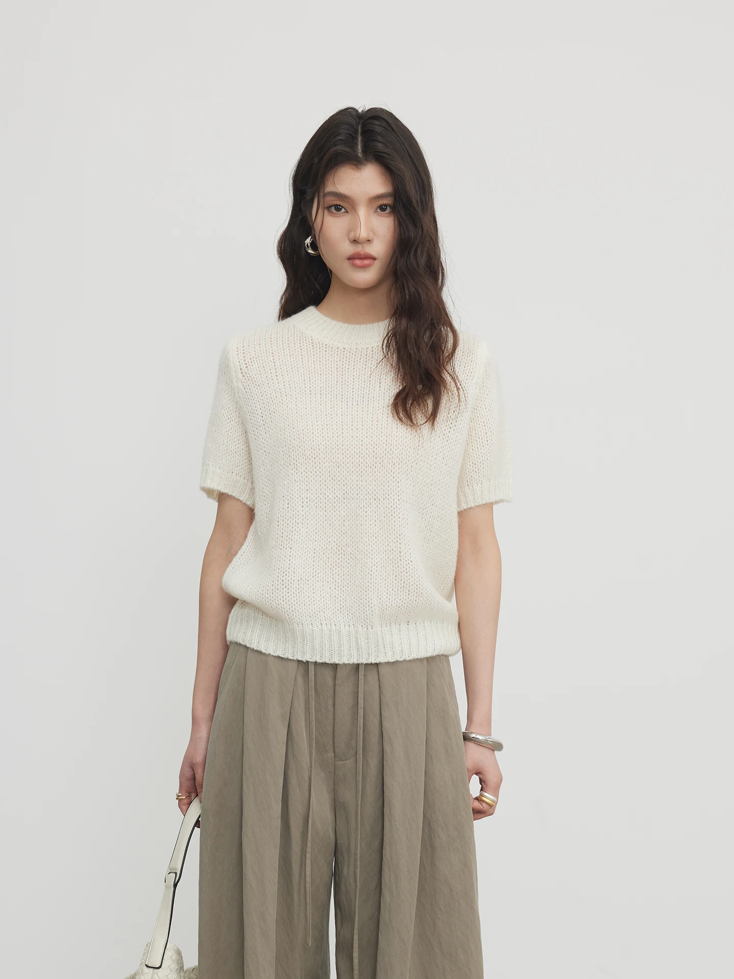 

Женский вязаный шерстяной свитер KEARA Lazy Style с круглым вырезом, весенний, для повседневной носки, приталенный, в корейском стиле, с коротким рукавом